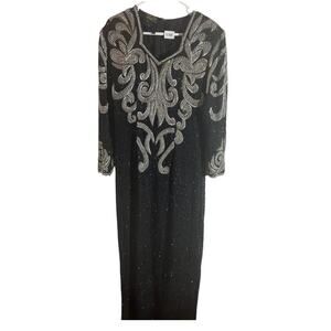 Vintage Wayne Clark Dress Womens Large Black Silver Beaded Silk Gown Evening 90s